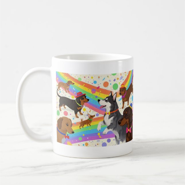 Taza De Café Perros divertidos y bonitos con arco iris (Izquierda)