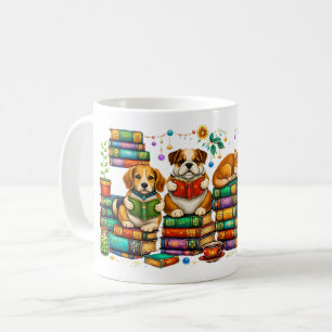 Taza De Café Perros leyendo libros Escena de biblioteca acogedo