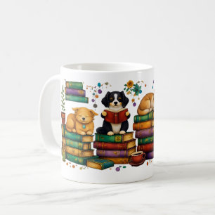 Taza De Café Perros Leyendo Libros Escena de Biblioteca Acogedo
