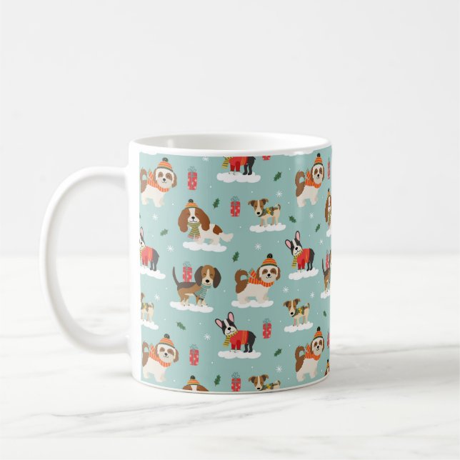 Taza De Café Perros navidades en un acogedor patrón de escarmen (Izquierda)