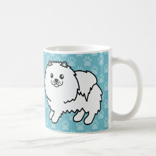 Taza De Café Perros Pomerania Blancos Esponjosos Sobre Azul