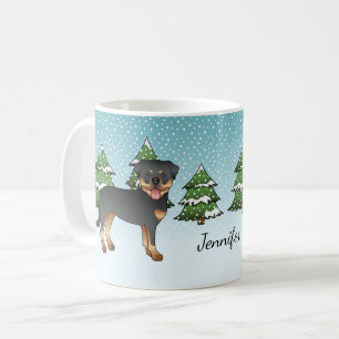 Taza De Café Perros Rottweiler de color negro y fuego en un bos