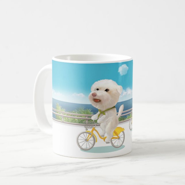 Taza De Café Perros y gatos en bicicleta junto al mar (Anverso izquierdo)