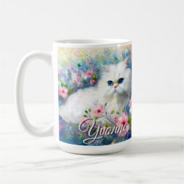 Taza De Café Persian Cat Blue Eyes in Pink Flowers Personalized