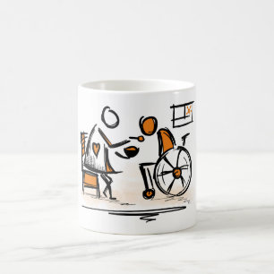 Taza De Café Persona en silla de ruedas. Hogar hospitalario/enf