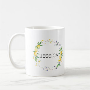 Taza De Café Personaliza Nombre Elegante Lemon Floral Wreath