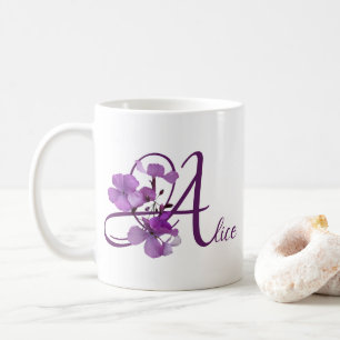 Taza De Café Personalizable Alicia nombre bonito morado floral 