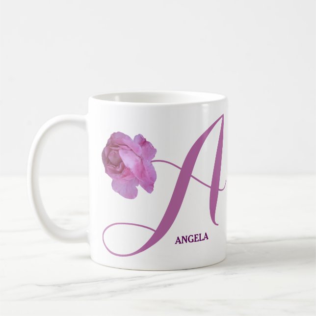 Taza De Café Personalizable Angela nombre bonito rosa rosa flor (Izquierda)