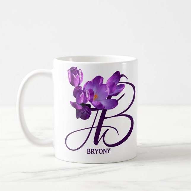 Taza De Café Personalizable Bryony nombre flores moradas monogr (Izquierda)