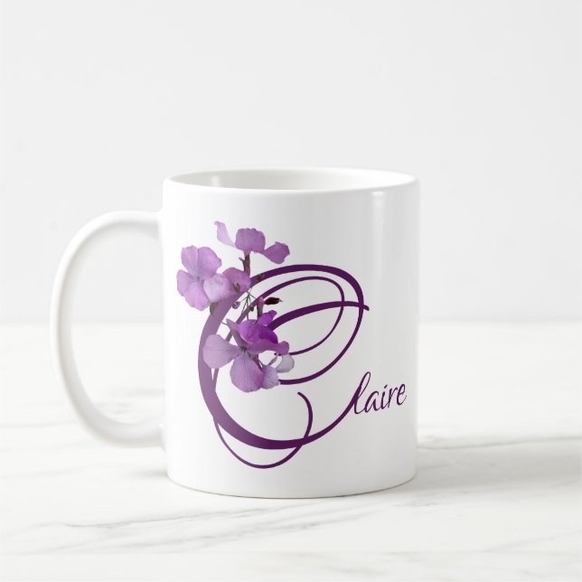 Taza De Café Personalizable Claire nombre bonito morado floral  (Izquierda)