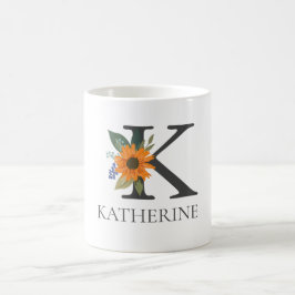 Taza De Café Personalizable floral moderno letra monogramada K