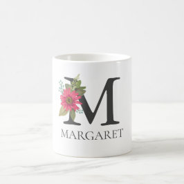 Taza De Café Personalizable floral moderno letra monogramada M