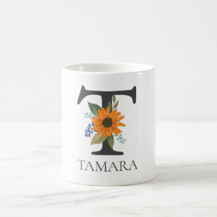 Taza De Café Personalizable floral moderno letra monogramada T