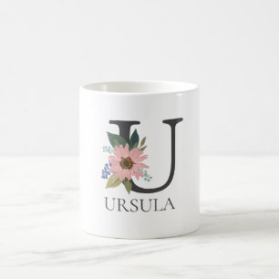 Taza De Café Personalizable floral moderno letra monogramada U