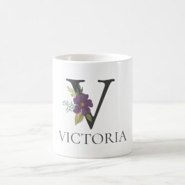Taza De Café Personalizable floral moderno letra monogramada V