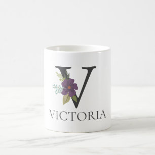 Taza De Café Personalizable floral moderno letra monogramada V