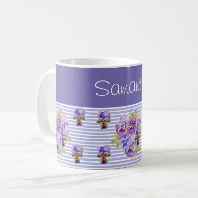 Taza De Café Personalizable floral Pansy Flower Purple Stripe (Anverso izquierdo)