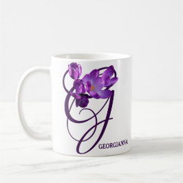 Taza De Café Personalizable Georgianna nombre flores moradas