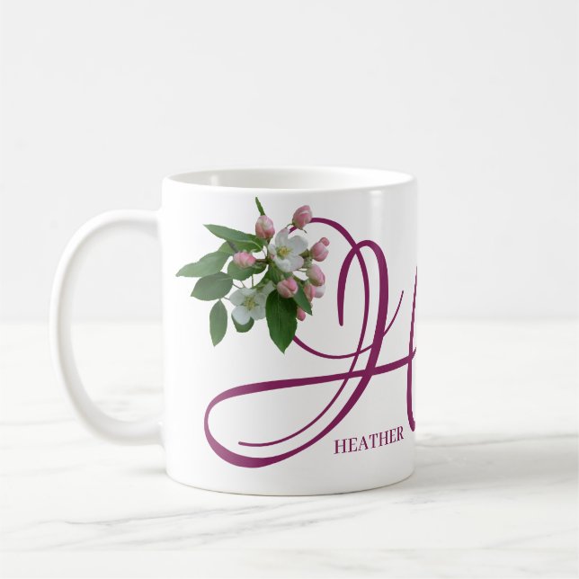 Taza De Café Personalizable Heather nombre monograma floral ros (Izquierda)