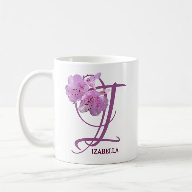 Taza De Café Personalizable Izabella nombre flores rosadas boho (Izquierda)