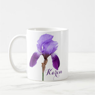 Taza De Café Personalizable Karen chica nombre purple iris flor
