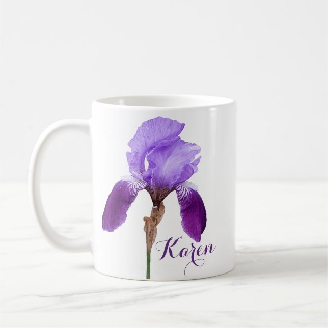 Taza De Café Personalizable Karen chica nombre purple iris flor (Izquierda)