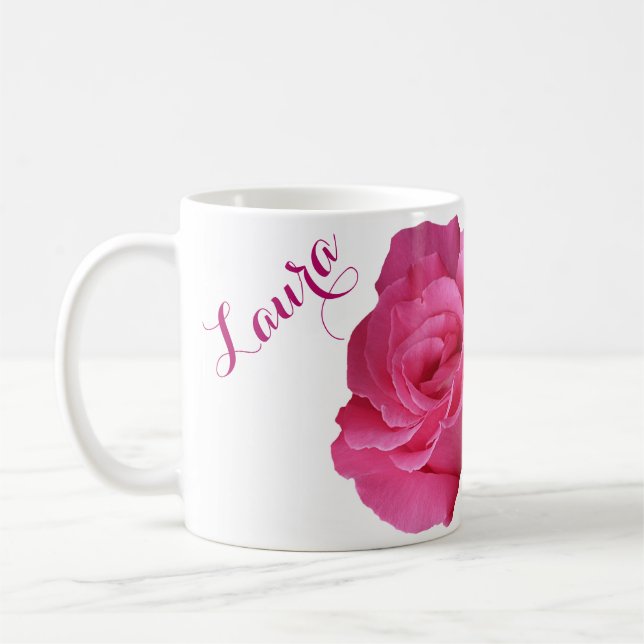 Taza De Café Personalizable Laura nombre bonito rosa floral (Izquierda)