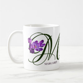 Taza De Café Personalizable Margaret nombre flores moradas boho