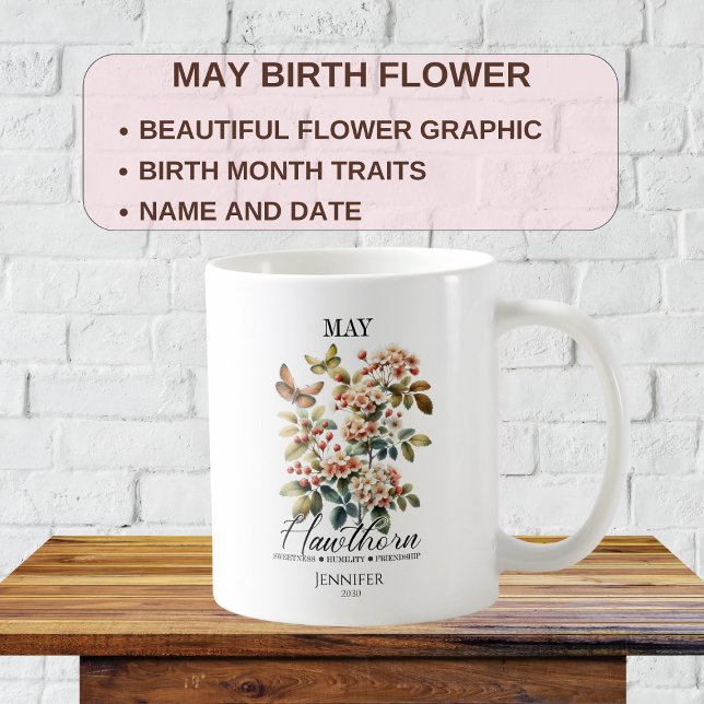 Taza De Café Personalizable May Birthday Flower Hawthorn (Subido por el creador)