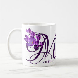Taza De Café Personalizable Michelle nombre flores moradas mono