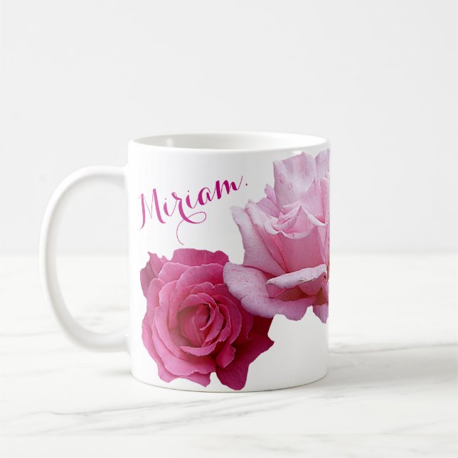 Taza De Café Personalizable Miriam nombre bonito rosa rosa flor (Izquierda)