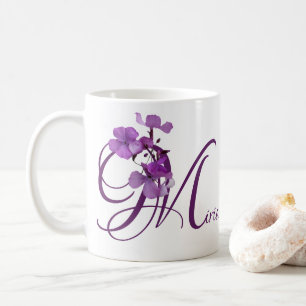 Taza De Café Personalizable Miriam nombre flores moradas florid
