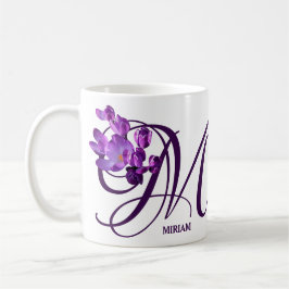 Taza De Café Personalizable Miriam nombre flores moradas monogr