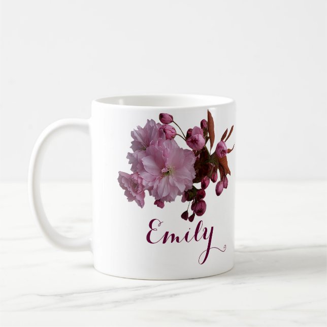 Taza De Café Personalizable Miriam nombre flores rosadas boho (Izquierda)