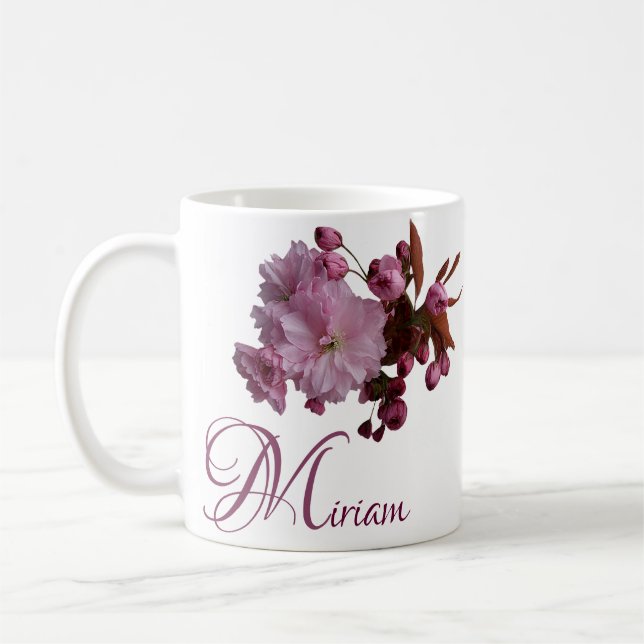 Taza De Café Personalizable Miriam nombre flores rosadas boho C (Izquierda)
