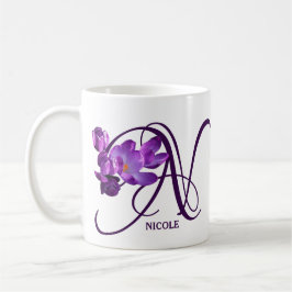 Taza De Café Personalizable morado floral Nicole nombre monogra