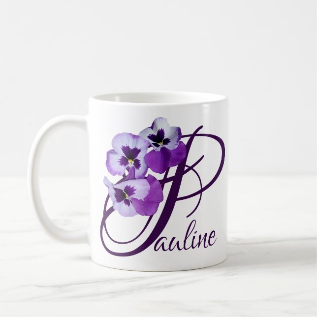 Taza De Café Personalizable Pauline nombre púrpura pansy floral (Izquierda)