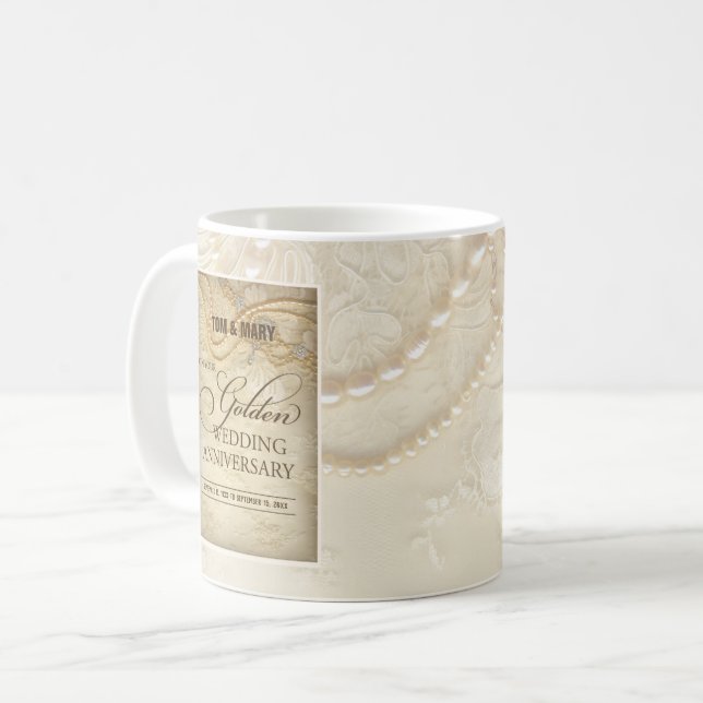 Taza De Café Personalizable, Perlas del 50 aniversario Boda (Anverso izquierdo)