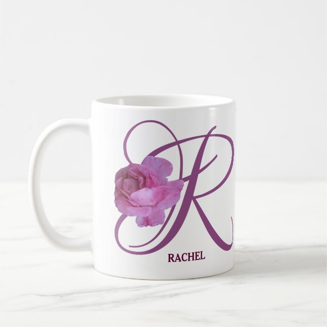 Taza De Café Personalizable Rachel nombre monograma rosa rosa r (Izquierda)
