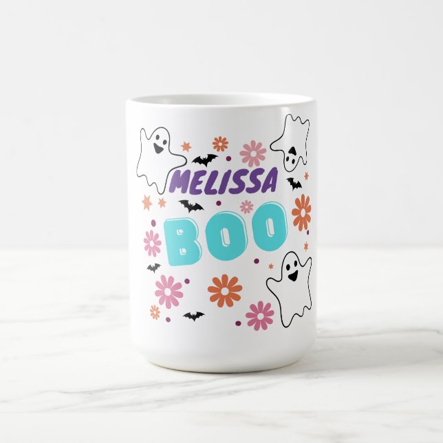Taza De Café Personalizable Retro Boo Halloween Diseño Floral (Centro)