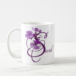Taza De Café Personalizable Sarah nombre flores moradas boho de