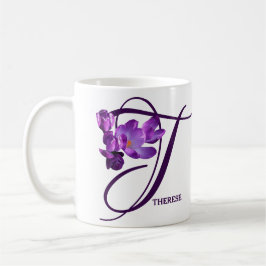 Taza De Café Personalizable Therese nombre flores moradas flori