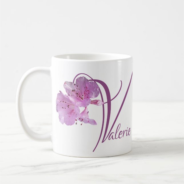 Taza De Café Personalizable Valerie nombre boho floral rosa div (Izquierda)