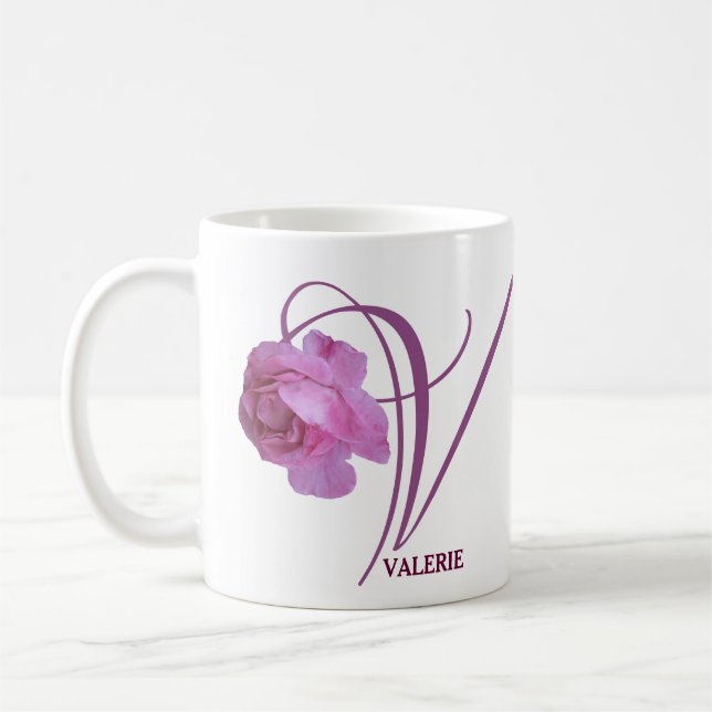 Taza De Café Personalizable Valerie nombre bonito rosa rosa flo (Izquierda)