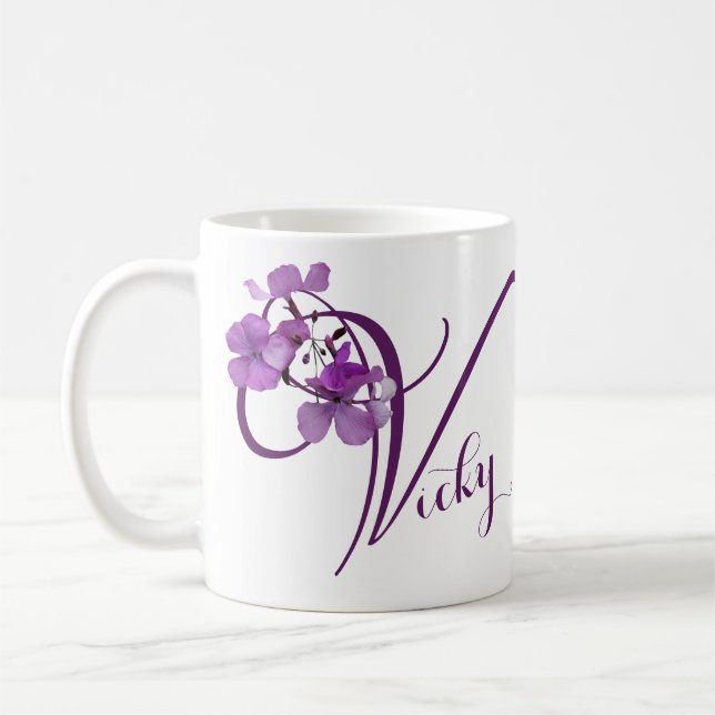 Taza De Café Personalizable Vicky nombre bonito mujer floral pú (Izquierda)