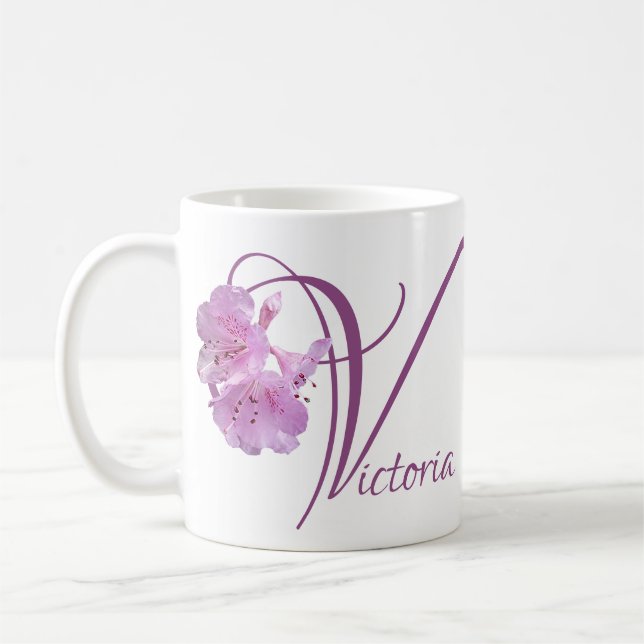 Taza De Café Personalizable Victoria nombre boho floral rosa (Izquierda)