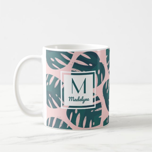 Taza De Café Personalización de la hoja de monstera botánica mo (Izquierda)