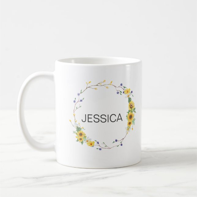 Taza De Café Personalización Nombre Elegante Floral de girasol (Izquierda)