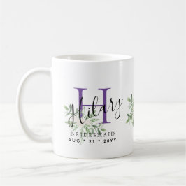 Taza De Café Personalizada Bridesmaid Purple Nombre inicial Flo