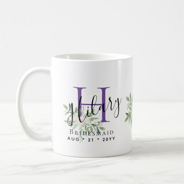 Taza De Café Personalizada Bridesmaid Purple Nombre inicial Flo (Izquierda)